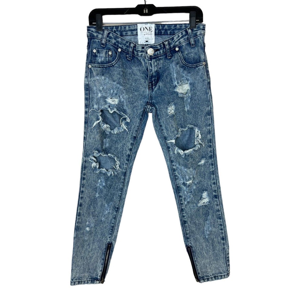One Teaspoon Trashed Freebirds Jeans 24 Distressed Low Rise Denim Zip Leg Skinny